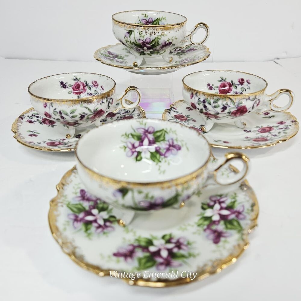 Vtg Royal Sealy Lusterware Floral Footed Demi Tea Cup & Saucer Set of 4 Japan